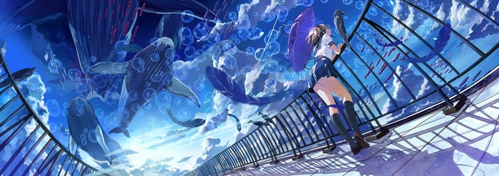 Anime girl with umbrella and whales in the sky