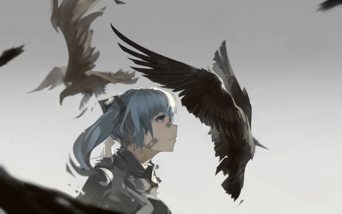 Girl with blue hair and birds flying
