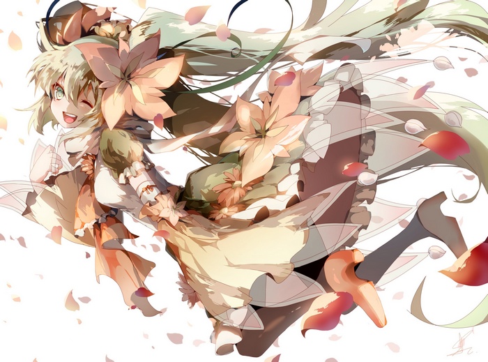 Hatsune Miku with flowers and falling petals