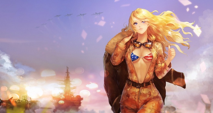 Blonde pilot girl in bikini and goggles with airplanes and ship