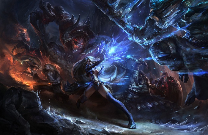 Fantasy art of a woman fighting monsters