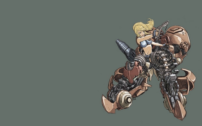 Samus Aran riding a mechanical suit