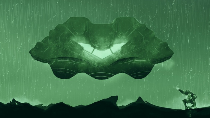 Samus Aran and a Metroid ship in the rain
