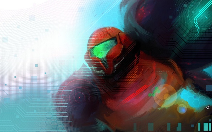 Samus Aran in a futuristic suit with digital overlays
