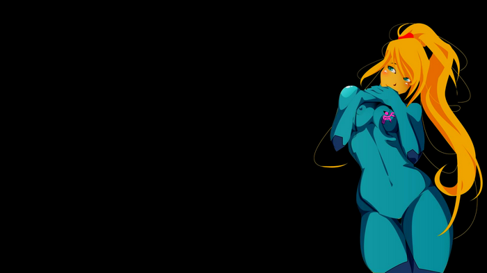 Samus Aran in a blue suit with orange hair