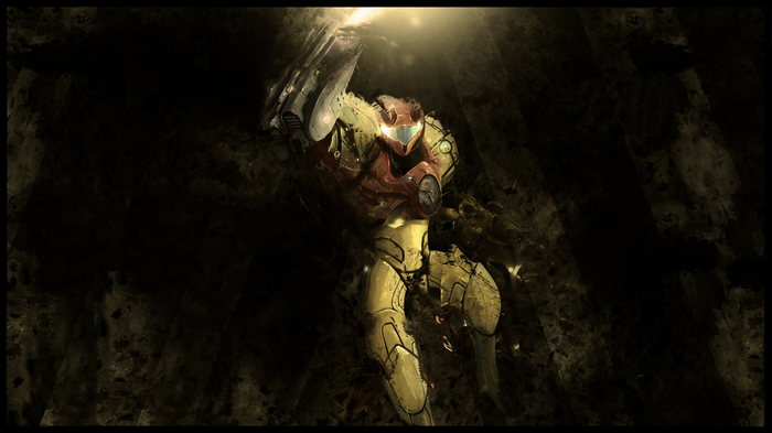 Samus Aran in a dark, rocky environment