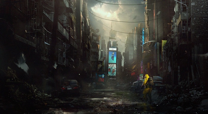 Post-apocalyptic city street with a person in a hazmat suit