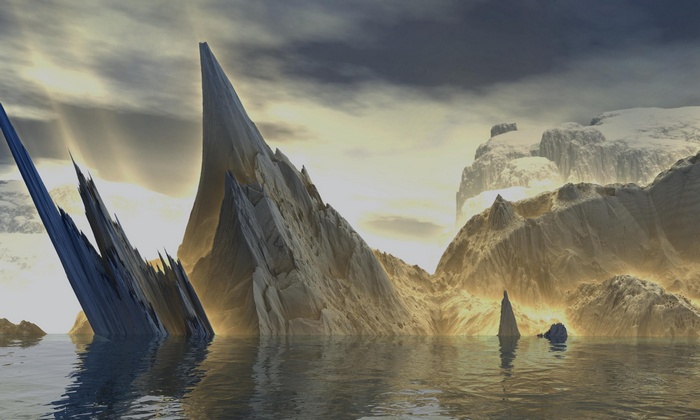 Fantasy art of jagged ice formations in water