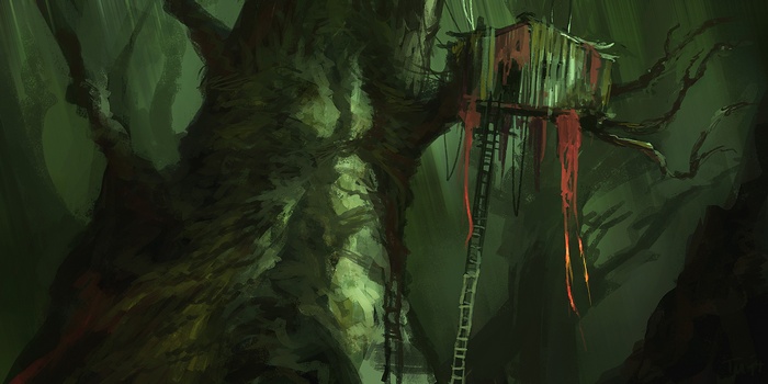 Abandoned treehouse in a dark fantasy forest