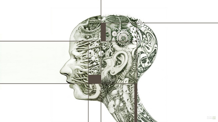 Abstract mechanical human head with clockwork details