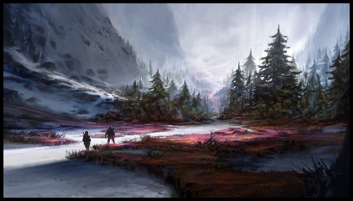Two figures walk through a snowy landscape with pine trees