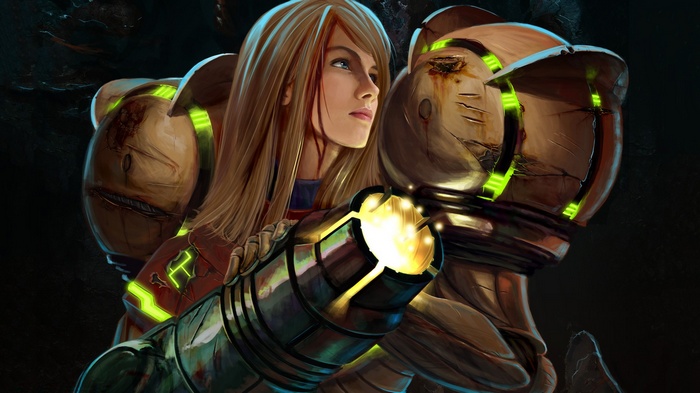 Samus Aran in her damaged Metroid suit