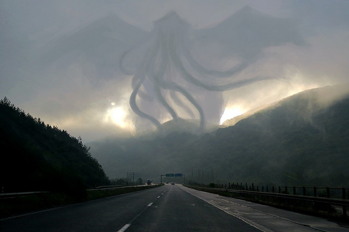 Giant Cthulhu-like creature emerging from clouds over a highway