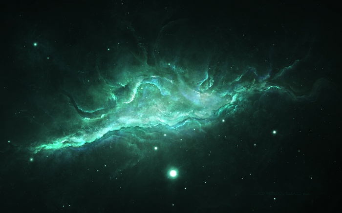Green nebula and stars in deep space