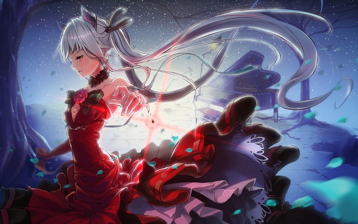 Anime girl in red dress with piano at night