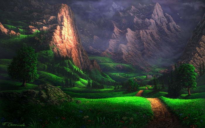 Digital artwork of a mountain valley with a path and trees