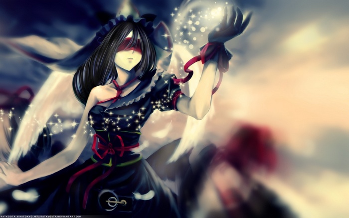 Anime girl with blindfold and wings casting magic
