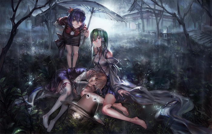 Touhou Project anime girls under an umbrella in the rain
