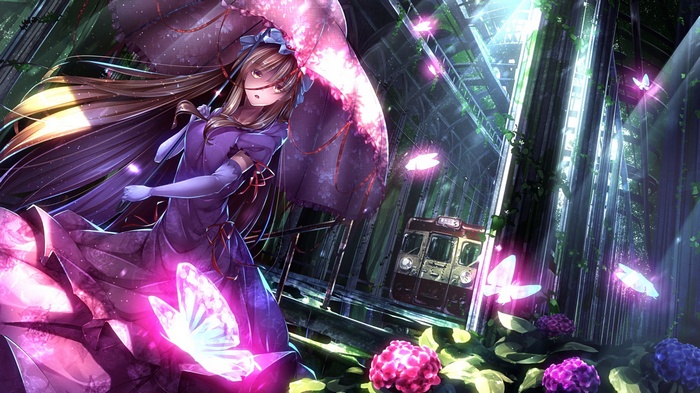 Anime girl with umbrella near a train