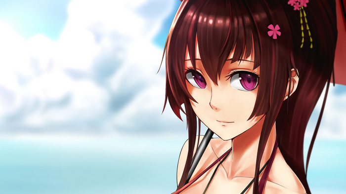 Kantai Collection girl with purple eyes and pink flowers