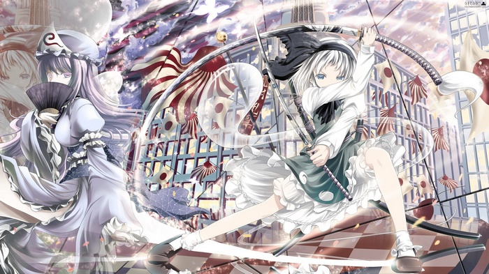 Touhou: Yuyuko and Youmu with swords and Japanese flags