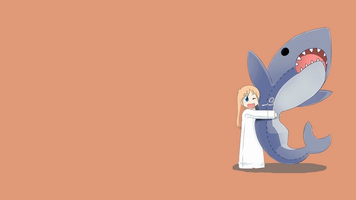 Shinonome Hakase hugging a shark plush toy