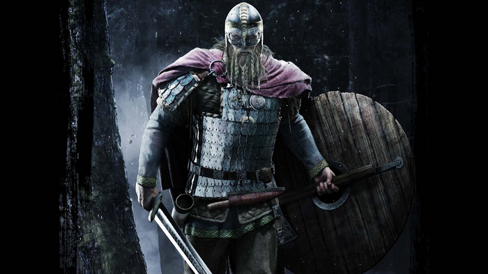 Viking warrior with sword and shield in forest