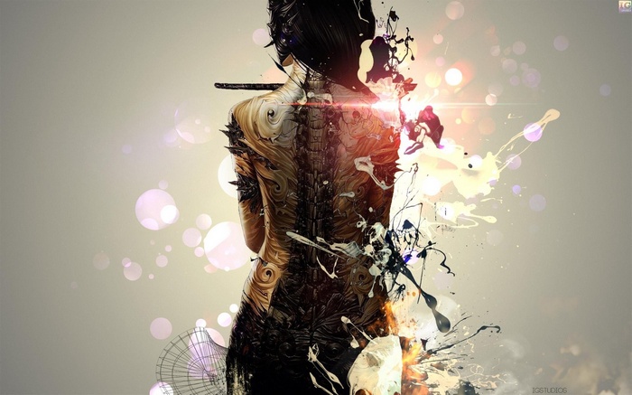 Digital art of a woman with armor and paint splatters