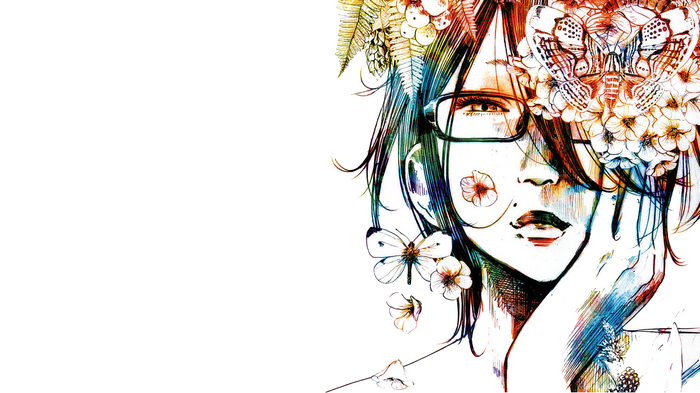 Anime girl with glasses and flowers, Oyasumi Punpun artwork