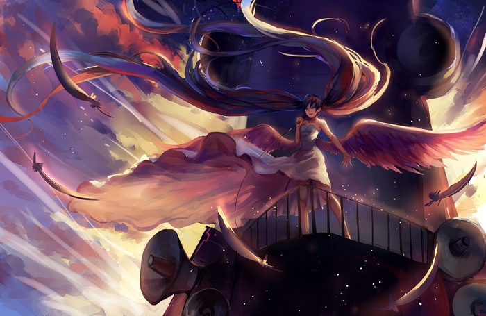 Hatsune Miku with wings singing on a platform