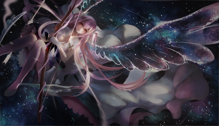 Girl with pink hair and wings holding a bow