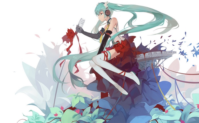 Hatsune Miku singing with headphones and microphone