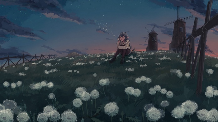 Anime girl blowing dandelion seeds near windmills at dusk