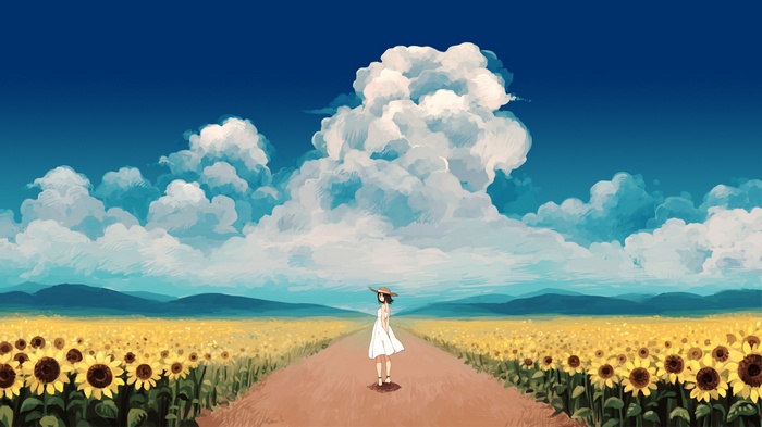 Anime girl in a white dress in a sunflower field