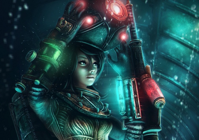 Big Sister from BioShock 2 holding a rivet gun