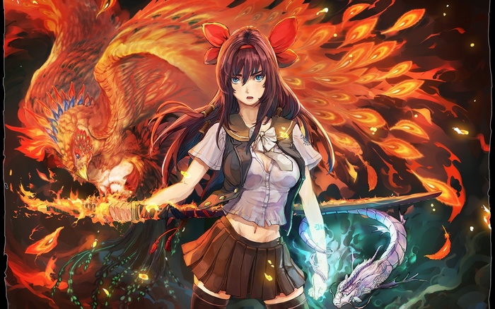 Anime girl with phoenix and dragon