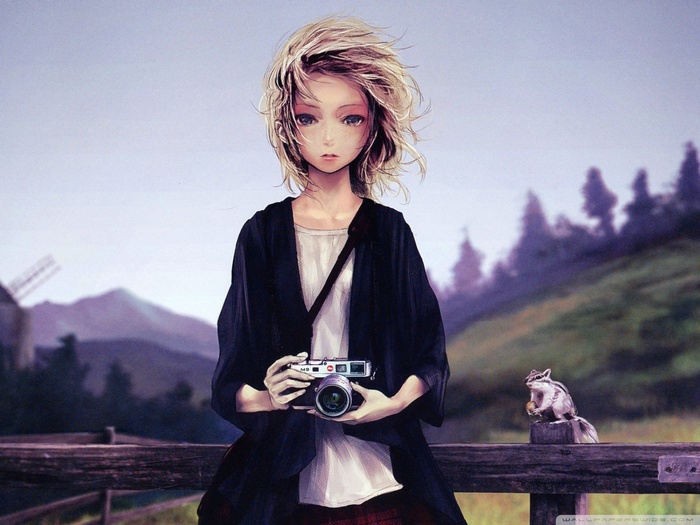 Anime girl holding a camera with a chipmunk