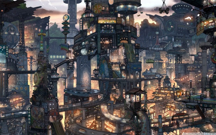Anime fantasy cityscape with intricate architecture and glowing lights