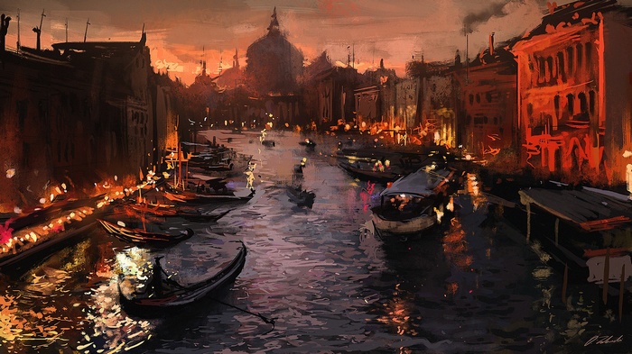 river, Italy, painting, artwork, Venice, gondolas