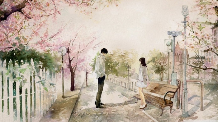 Anime couple standing under cherry blossoms