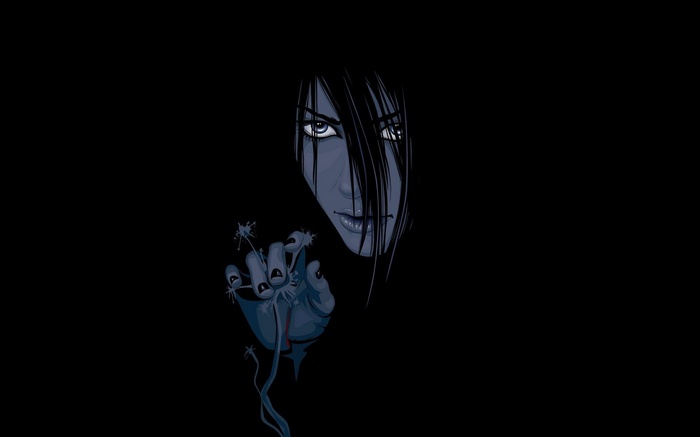 Dark anime character with glowing eyes and hand