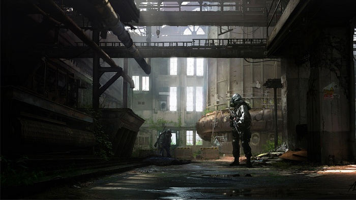 Soldiers in gas masks in an abandoned industrial building