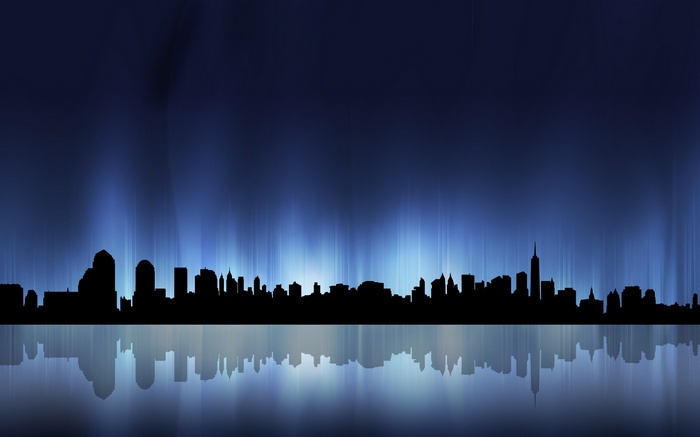 Silhouette of a city skyline with aurora borealis reflection