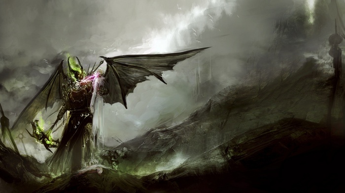 Winged creature casting magic in a misty landscape