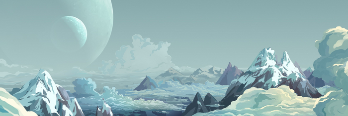 Fantasy art of mountains and moons above clouds