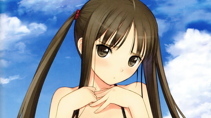 Anime girl with pigtails against a blue sky