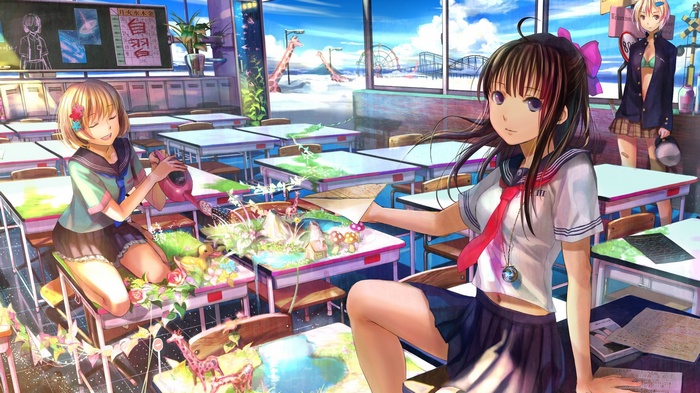 Anime girls in a classroom with a fantastical view