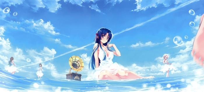 Four girls in white dresses on water with a gramophone