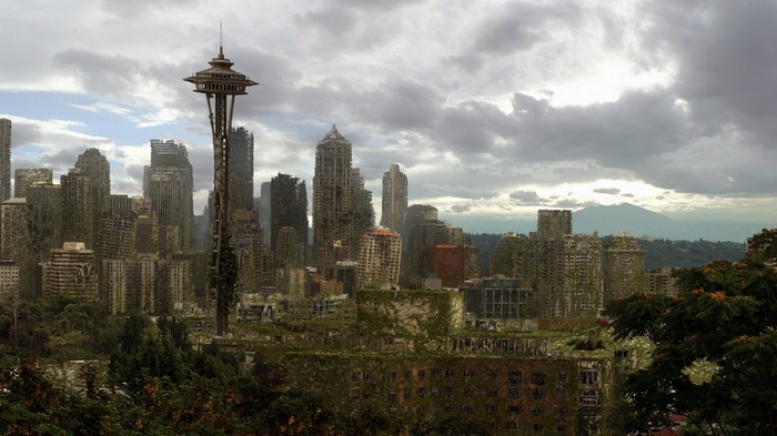 Apocalyptic Seattle cityscape with overgrown buildings and Space Needle