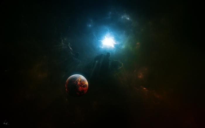 A fiery planet in a dark nebula with bright light